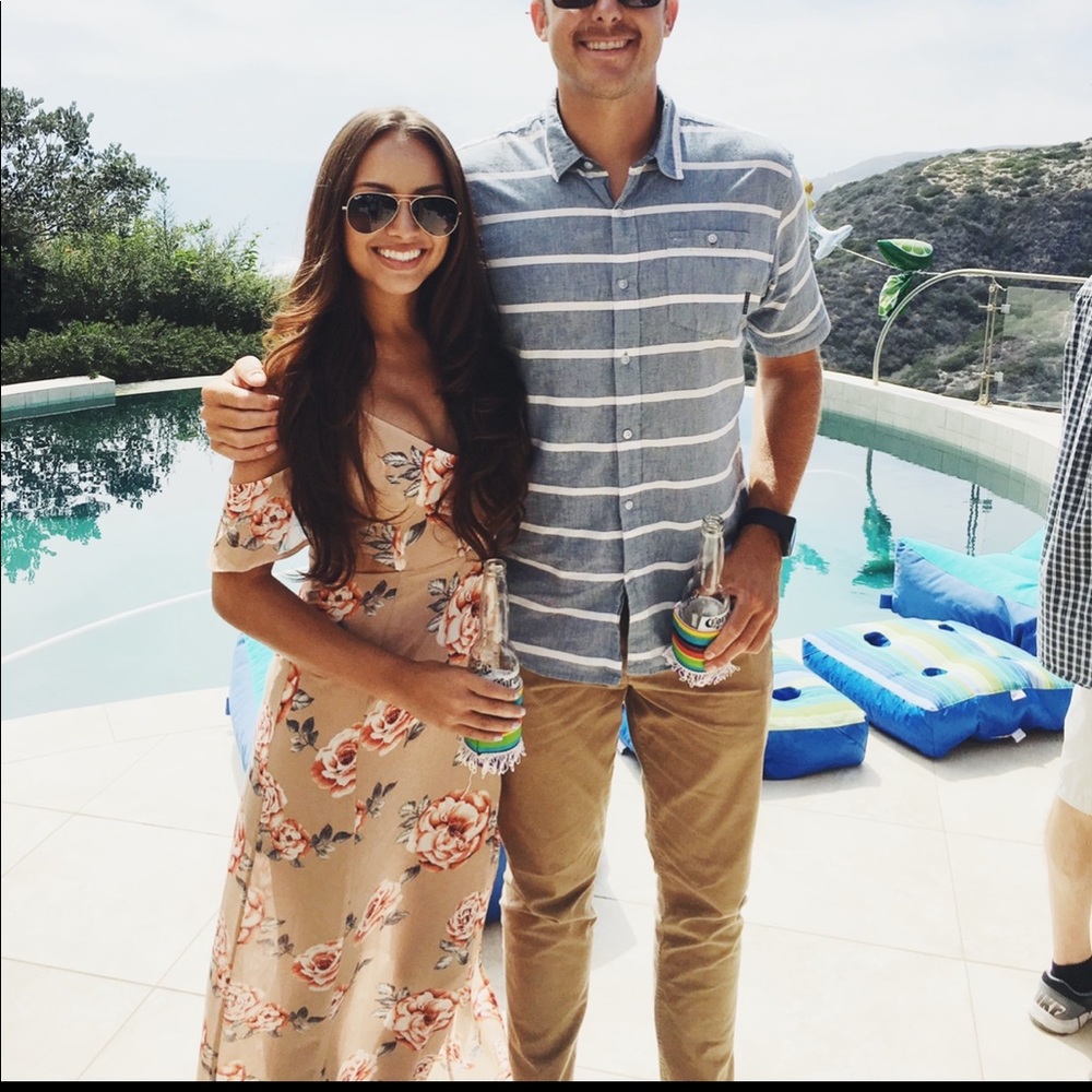 Maxi floral dress. Nude with pink flowers